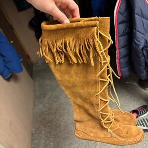 Minnetonka Mustard Fringe Lace-Up Over-the-Knee Boots